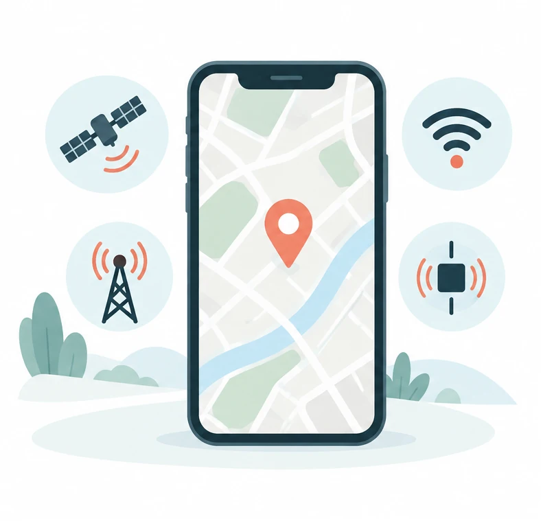 GPS, Wi-Fi, baz istasyonu ve sensör verilerini birlikte kullanarak konum belirleyen akıllı telefon