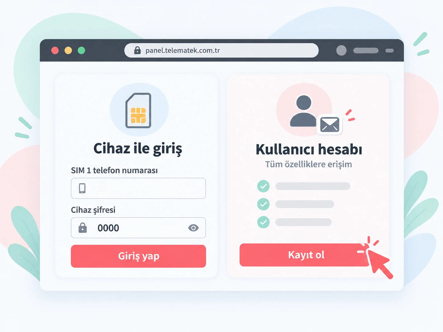 TelemaTek IM3L için cihaz numarasıyla giriş ve kullanıcı hesabı oluşturma seçenekleri